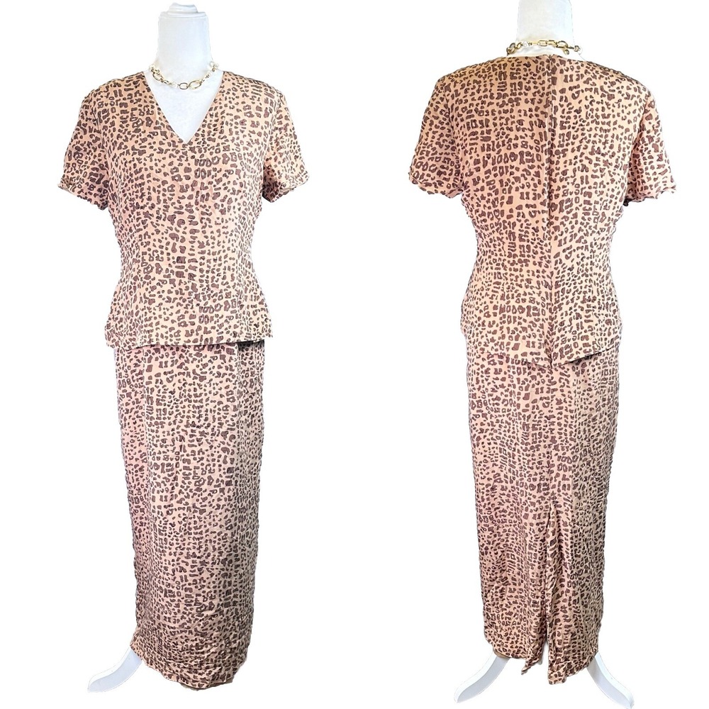 Vintage‎ Leopard Print V Neck Peplum Maxi Dress Faux Two Piece 100% Silk Office